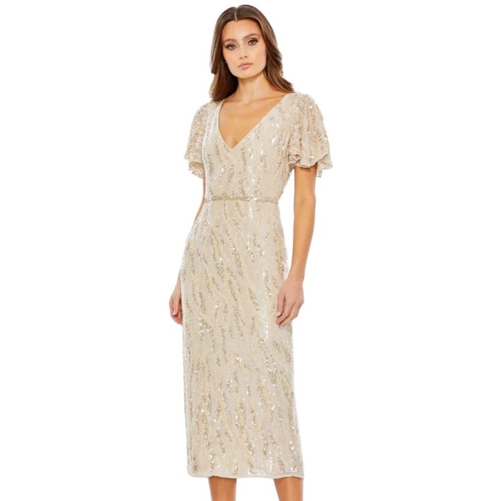 Sequined V neck Flutter Sleeve Tea Length Dress